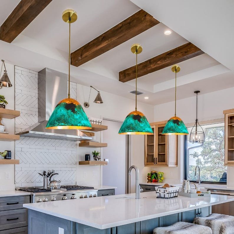 Turquoise Green Patina Copper Cone Pendant Light, Handmade Moroccan Verdigris Hanging Lamp, Rustic Copper Kitchen Island Chandelier, Boho Farmhouse Ceiling Light Fixture