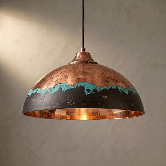 Handmade Copper & Black Brass Pendant Light with Turquoise Patina – Moroccan Dome Hanging Lamp for Kitchen Island, Dining Room, Living Room & Modern Boho Decor