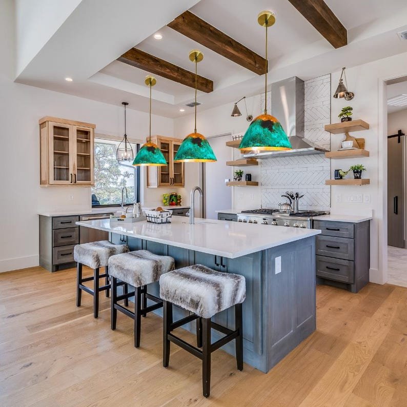 Turquoise Green Patina Copper Cone Pendant Light, Handmade Moroccan Verdigris Hanging Lamp, Rustic Copper Kitchen Island Chandelier, Boho Farmhouse Ceiling Light Fixture