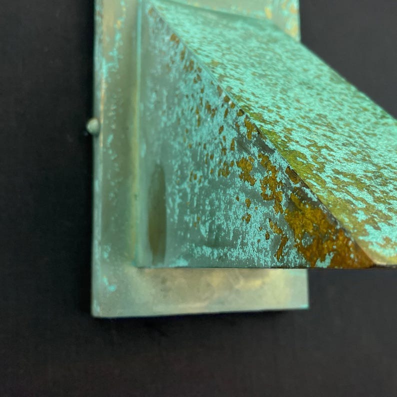 Handmade Verdigris Brass Wall Sconce – Geometric Architectural Wall Light with Turquoise Patina and Warm Downward Glow for Hallway, Bedroom, Bathroom, Entryway and Rustic Industrial Décor