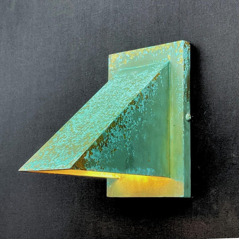 Handmade Verdigris Brass Wall Sconce – Geometric Architectural Wall Light with Turquoise Patina and Warm Downward Glow for Hallway, Bedroom, Bathroom, Entryway and Rustic Industrial Décor