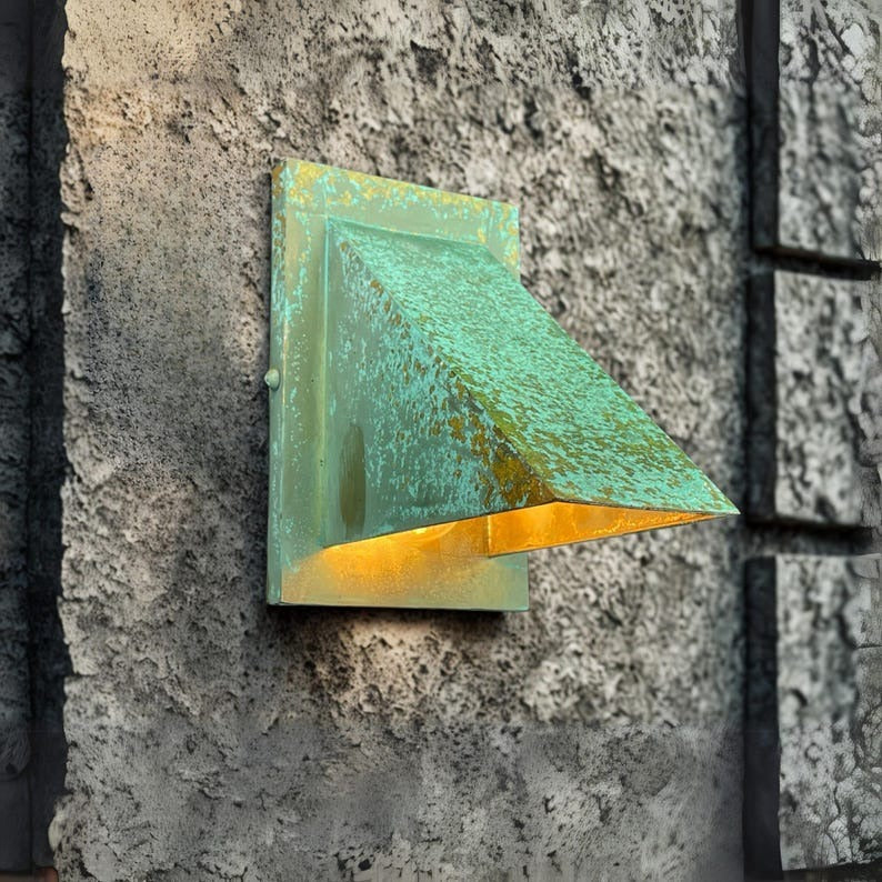 Handmade Verdigris Brass Wall Sconce – Geometric Architectural Wall Light with Turquoise Patina and Warm Downward Glow for Hallway, Bedroom, Bathroom, Entryway and Rustic Industrial Décor
