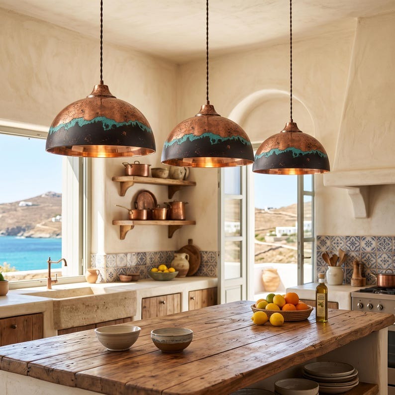 Handmade Copper & Black Brass Pendant Light with Turquoise Patina – Moroccan Dome Hanging Lamp for Kitchen Island, Dining Room, Living Room & Modern Boho Decor
