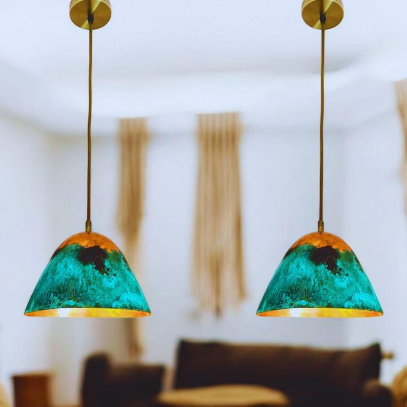 Turquoise Green Patina Copper Cone Pendant Light, Handmade Moroccan Verdigris Hanging Lamp, Rustic Copper Kitchen Island Chandelier, Boho Farmhouse Ceiling Light Fixture