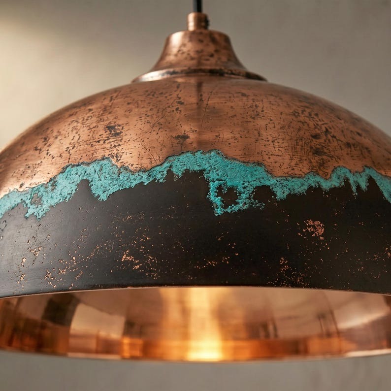 Handmade Copper & Black Brass Pendant Light with Turquoise Patina – Moroccan Dome Hanging Lamp for Kitchen Island, Dining Room, Living Room & Modern Boho Decor