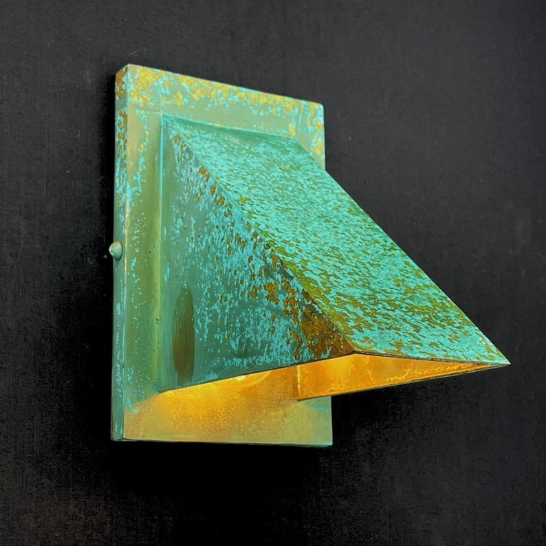 Handmade Verdigris Brass Wall Sconce – Geometric Architectural Wall Light with Turquoise Patina and Warm Downward Glow for Hallway, Bedroom, Bathroom, Entryway and Rustic Industrial Décor