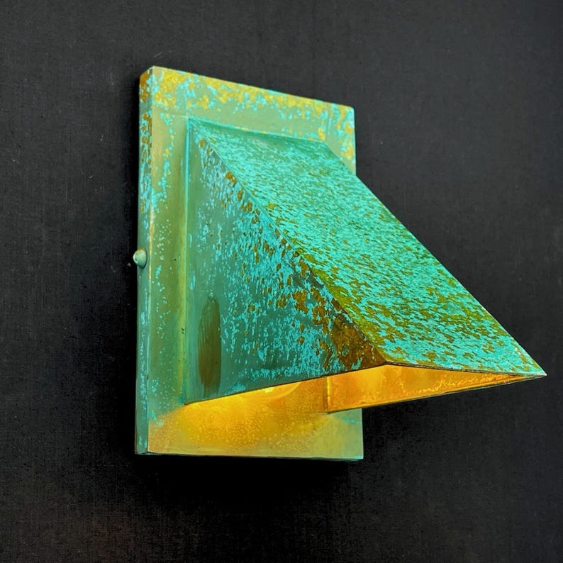 Handmade Verdigris Brass Wall Sconce – Geometric Architectural Wall Light with Turquoise Patina and Warm Downward Glow for Hallway, Bedroom, Bathroom, Entryway and Rustic Industrial Décor