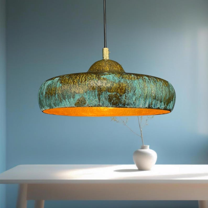 Handmade Patina Brass Pendant Light – Turquoise Verdigris Moroccan Ceiling Lamp, Hammered Brass Kitchen Island Pendant, Rustic Dome Light Fixture