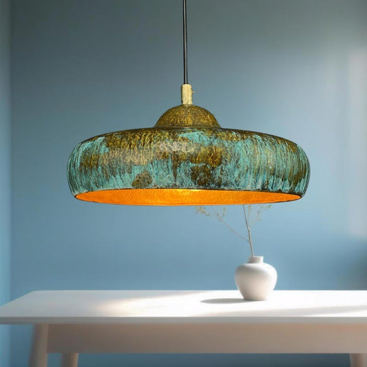Handmade Patina Brass Pendant Light – Turquoise Verdigris Moroccan Ceiling Lamp, Hammered Brass Kitchen Island Pendant, Rustic Dome Light Fixture