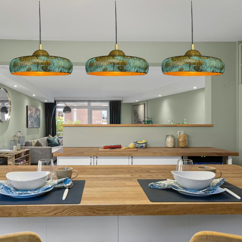 Handmade Patina Brass Pendant Light – Turquoise Verdigris Moroccan Ceiling Lamp, Hammered Brass Kitchen Island Pendant, Rustic Dome Light Fixture