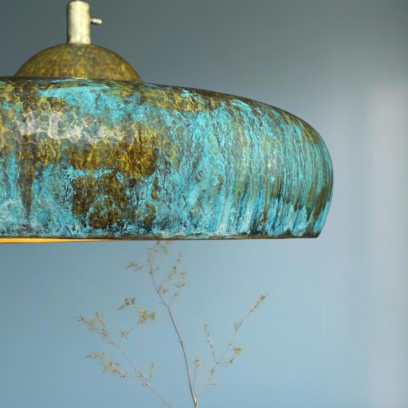 Handmade Patina Brass Pendant Light – Turquoise Verdigris Moroccan Ceiling Lamp, Hammered Brass Kitchen Island Pendant, Rustic Dome Light Fixture