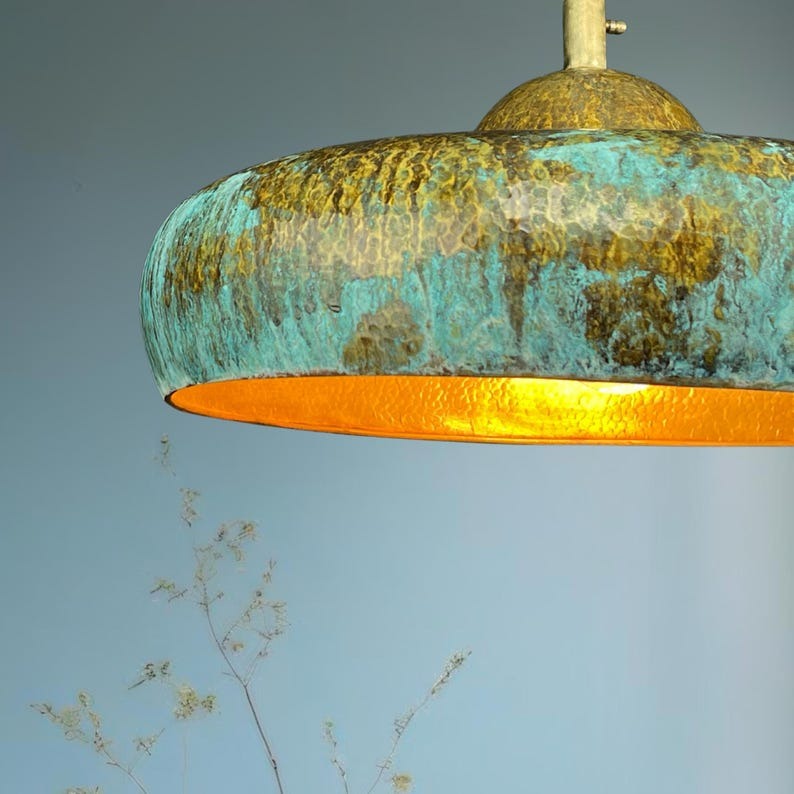 Handmade Patina Brass Pendant Light – Turquoise Verdigris Moroccan Ceiling Lamp, Hammered Brass Kitchen Island Pendant, Rustic Dome Light Fixture