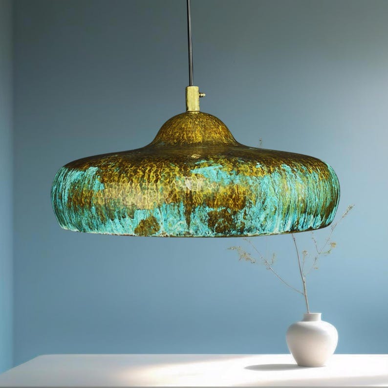 Handmade Patina Brass Pendant Light – Turquoise Verdigris Moroccan Ceiling Lamp, Hammered Brass Kitchen Island Pendant, Rustic Dome Light Fixture