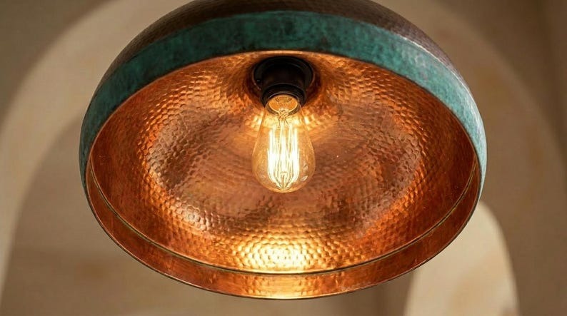 Handmade Moroccan Brass Pendant Light – Hammered Dark Bronze Dome with Turquoise Verdigris Band and Warm Copper Interior
