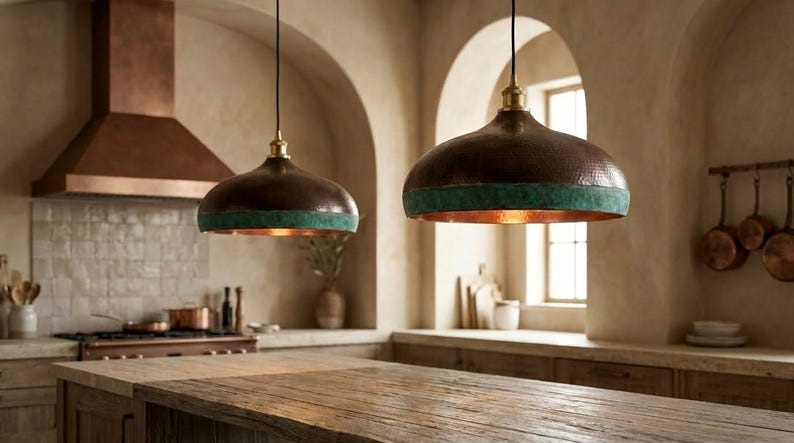 Handmade Moroccan Brass Pendant Light – Hammered Dark Bronze Dome with Turquoise Verdigris Band and Warm Copper Interior