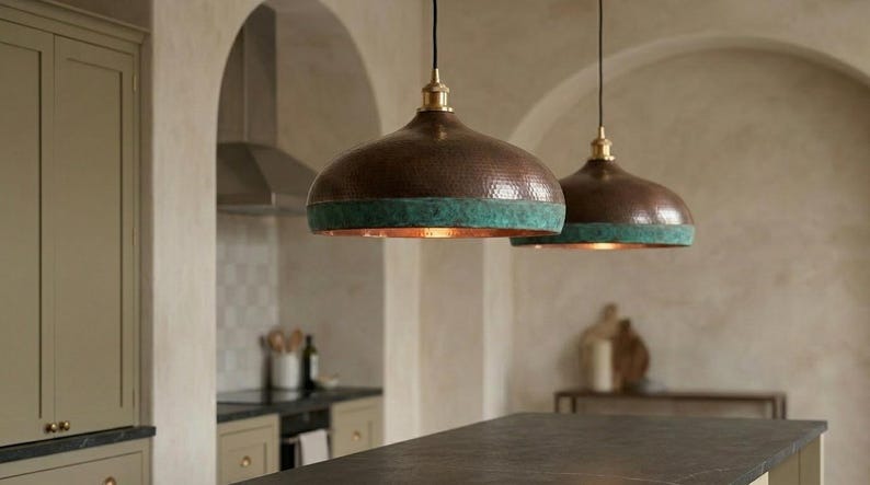 Handmade Moroccan Brass Pendant Light – Hammered Dark Bronze Dome with Turquoise Verdigris Band and Warm Copper Interior