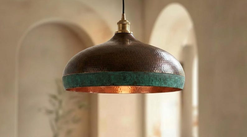 Handmade Moroccan Brass Pendant Light – Hammered Dark Bronze Dome with Turquoise Verdigris Band and Warm Copper Interior