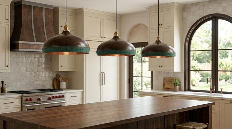 Handmade Moroccan Brass Pendant Light – Hammered Dark Bronze Dome with Turquoise Verdigris Band and Warm Copper Interior