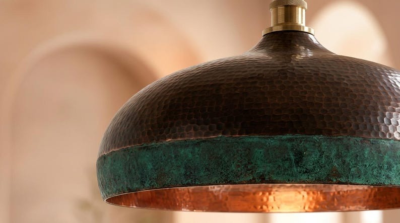 Handmade Moroccan Brass Pendant Light – Hammered Dark Bronze Dome with Turquoise Verdigris Band and Warm Copper Interior