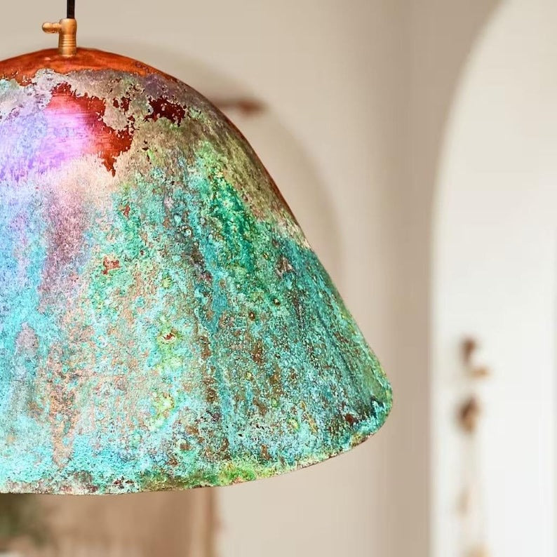 Handmade Moroccan Brass Pendant Light – Turquoise Verdigris Patina Dome Ceiling Lamp, Aged Copper Finish, Rustic Boho Hanging Light Fixture