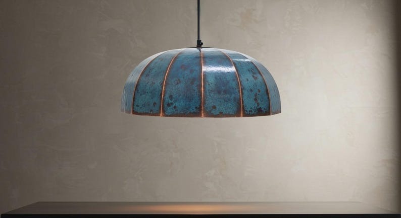 Handmade Moroccan Brass Dome Pendant Light – Turquoise Verdigris Patina Hanging Lamp, Large Rustic Copper-Tone Ceiling Fixture