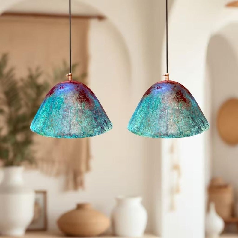 Handmade Moroccan Brass Pendant Light – Turquoise Verdigris Patina Dome Ceiling Lamp, Aged Copper Finish, Rustic Boho Hanging Light Fixture