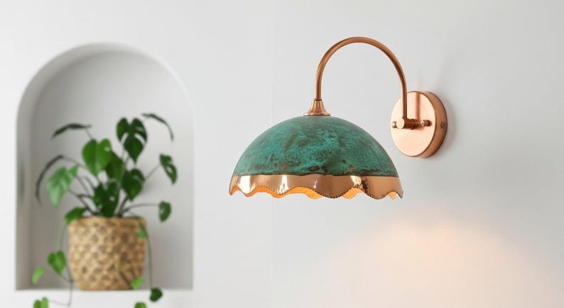 Handmade Moroccan Brass Wall Sconce – Turquoise Verdigris Patina Dome Wall Light with Scalloped Copper Brass Edge, Boho Mediterranean Bedside Lamp for Bedroom, Hallway, Bathroom & Entryway
