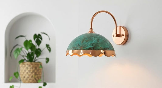 Handmade Moroccan Brass Wall Sconce – Turquoise Verdigris Patina Dome Wall Light with Scalloped Copper Brass Edge, Boho Mediterranean Bedside Lamp for Bedroom, Hallway, Bathroom & Entryway