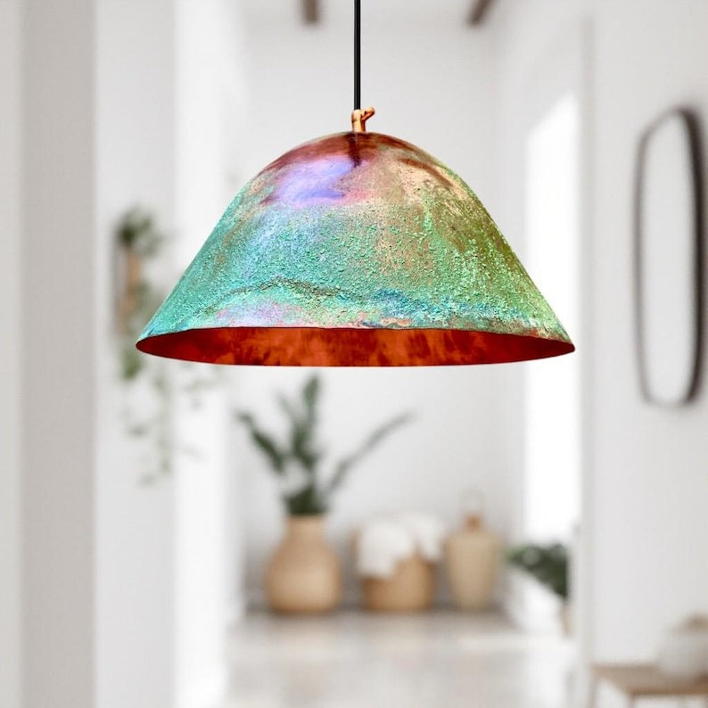 Handmade Moroccan Brass Pendant Light – Turquoise Verdigris Patina Dome Ceiling Lamp, Aged Copper Finish, Rustic Boho Hanging Light Fixture