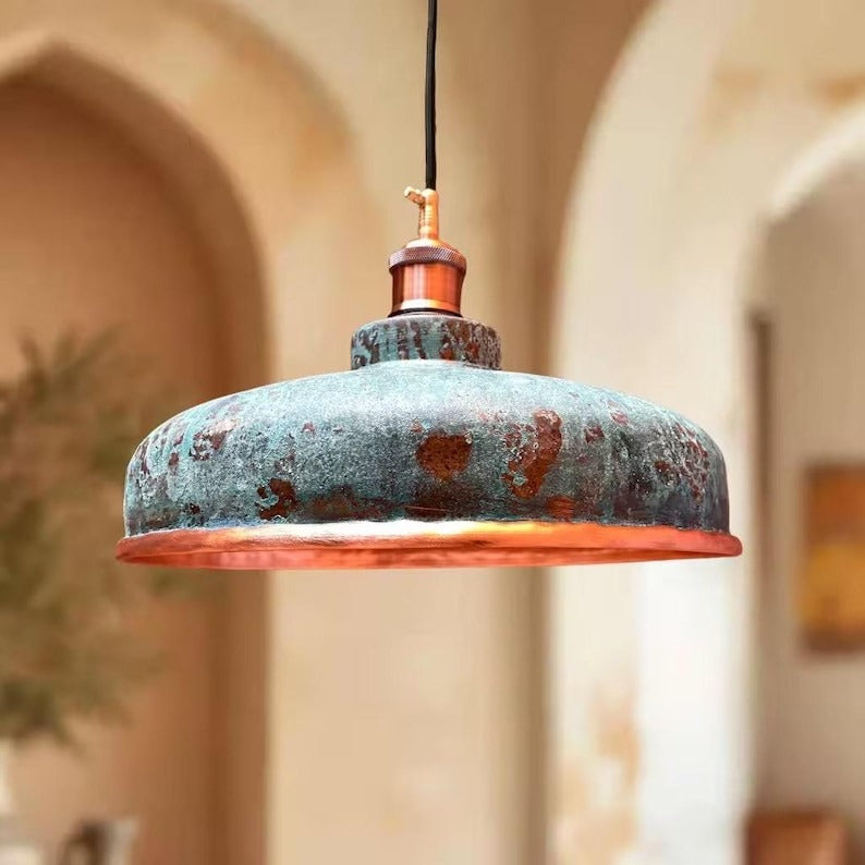 Handmade Moroccan Brass Pendant Light – Turquoise Verdigris Patina Dome Lamp, Aged Copper Brass Industrial Ceiling Light for Kitchen Island & Dining Room