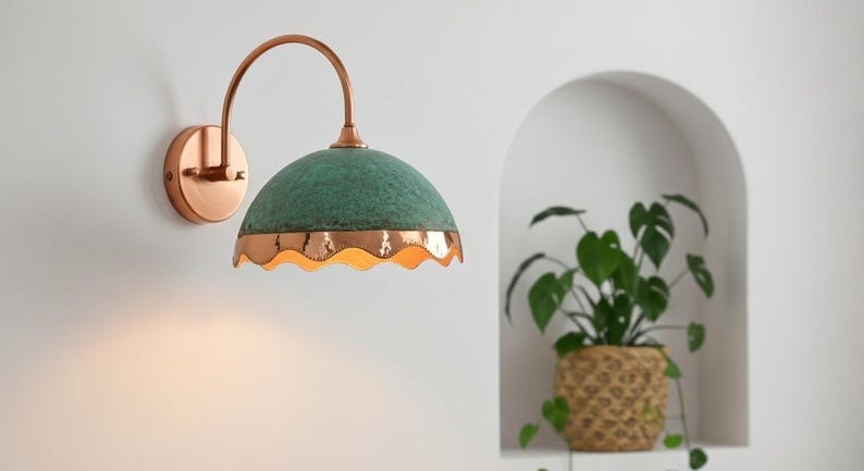 Handmade Moroccan Brass Wall Sconce – Turquoise Verdigris Patina Dome Wall Light with Scalloped Copper Brass Edge, Boho Mediterranean Bedside Lamp for Bedroom, Hallway, Bathroom & Entryway