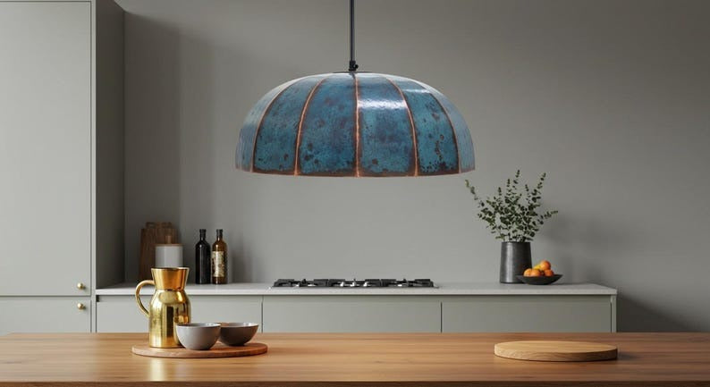 Handmade Moroccan Brass Dome Pendant Light – Turquoise Verdigris Patina Hanging Lamp, Large Rustic Copper-Tone Ceiling Fixture