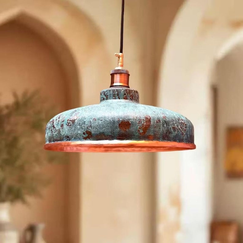 Handmade Moroccan Brass Pendant Light – Turquoise Verdigris Patina Dome Lamp, Aged Copper Brass Industrial Ceiling Light for Kitchen Island & Dining Room