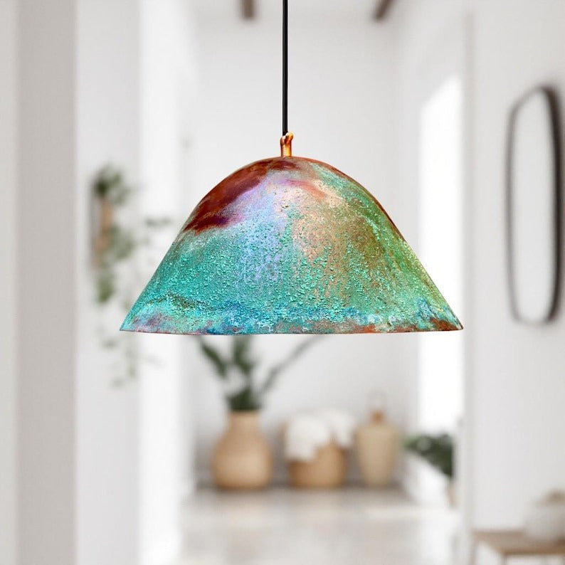Handmade Moroccan Brass Pendant Light – Turquoise Verdigris Patina Dome Ceiling Lamp, Aged Copper Finish, Rustic Boho Hanging Light Fixture