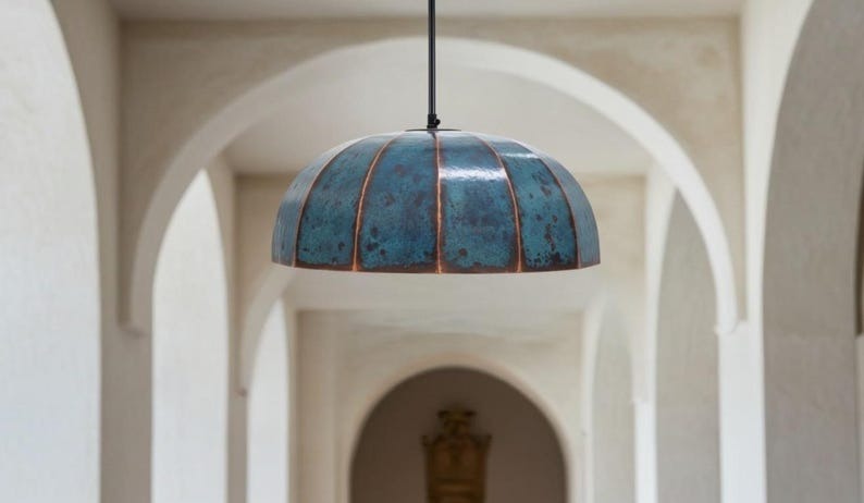Handmade Moroccan Brass Dome Pendant Light – Turquoise Verdigris Patina Hanging Lamp, Large Rustic Copper-Tone Ceiling Fixture