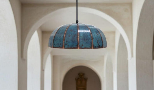 Handmade Moroccan Brass Dome Pendant Light – Turquoise Verdigris Patina Hanging Lamp, Large Rustic Copper-Tone Ceiling Fixture