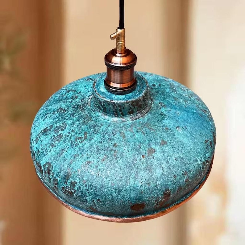 Handmade Moroccan Brass Pendant Light – Turquoise Verdigris Patina Dome Lamp, Aged Copper Brass Industrial Ceiling Light for Kitchen Island & Dining Room