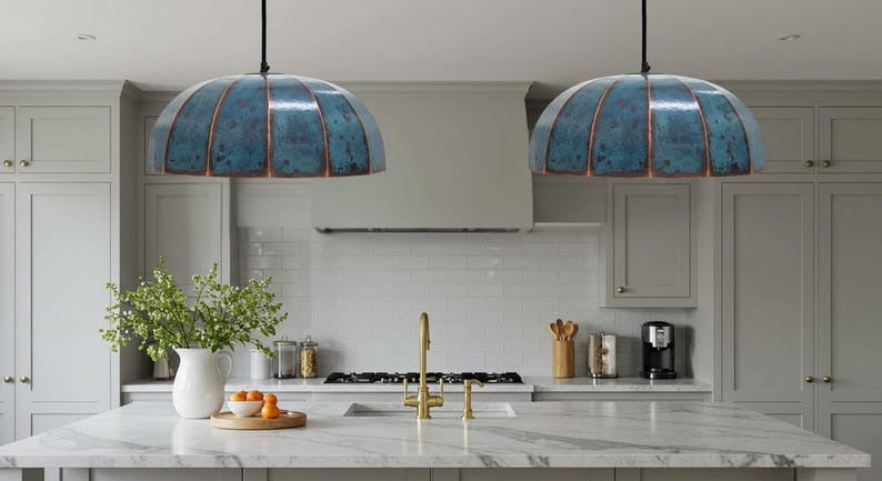 Handmade Moroccan Brass Dome Pendant Light – Turquoise Verdigris Patina Hanging Lamp, Large Rustic Copper-Tone Ceiling Fixture