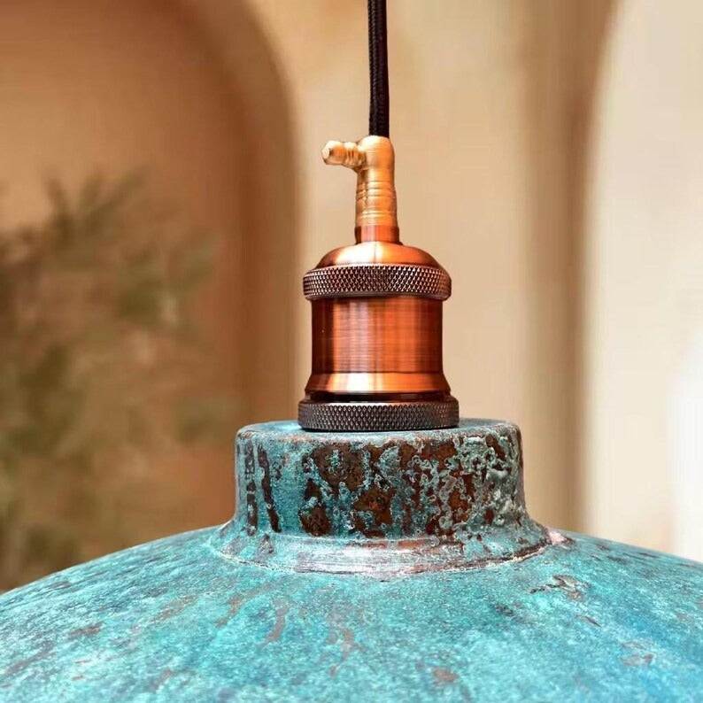 Handmade Moroccan Brass Pendant Light – Turquoise Verdigris Patina Dome Lamp, Aged Copper Brass Industrial Ceiling Light for Kitchen Island & Dining Room