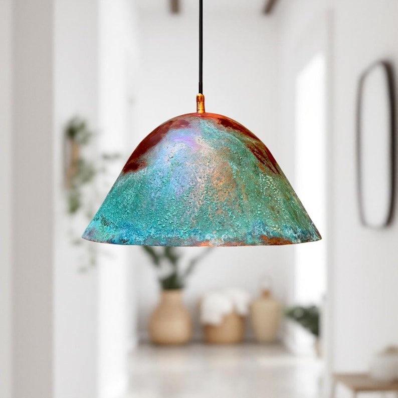 Handmade Moroccan Brass Pendant Light – Turquoise Verdigris Patina Dome Ceiling Lamp, Aged Copper Finish, Rustic Boho Hanging Light Fixture