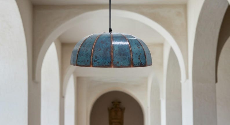 Handmade Moroccan Brass Dome Pendant Light – Turquoise Verdigris Patina Hanging Lamp, Large Rustic Copper-Tone Ceiling Fixture