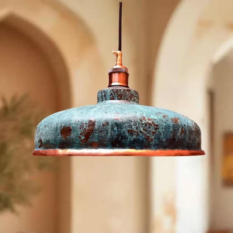 Handmade Moroccan Brass Pendant Light – Turquoise Verdigris Patina Dome Lamp, Aged Copper Brass Industrial Ceiling Light for Kitchen Island & Dining Room