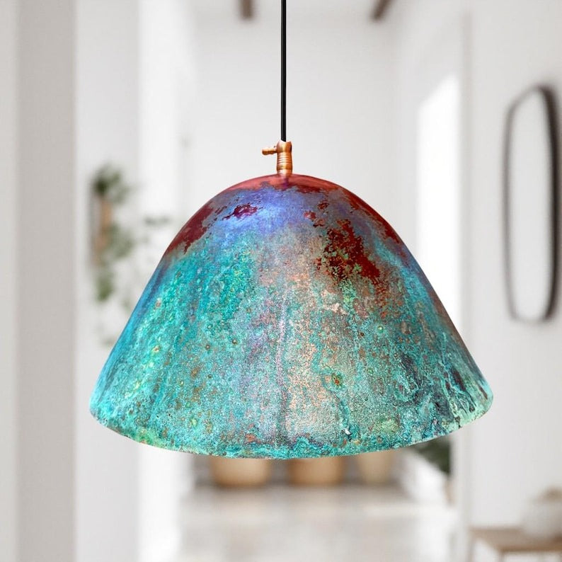 Handmade Moroccan Brass Pendant Light – Turquoise Verdigris Patina Dome Ceiling Lamp, Aged Copper Finish, Rustic Boho Hanging Light Fixture