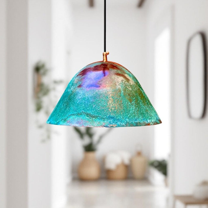 Handmade Moroccan Brass Pendant Light – Turquoise Verdigris Patina Dome Ceiling Lamp, Aged Copper Finish, Rustic Boho Hanging Light Fixture