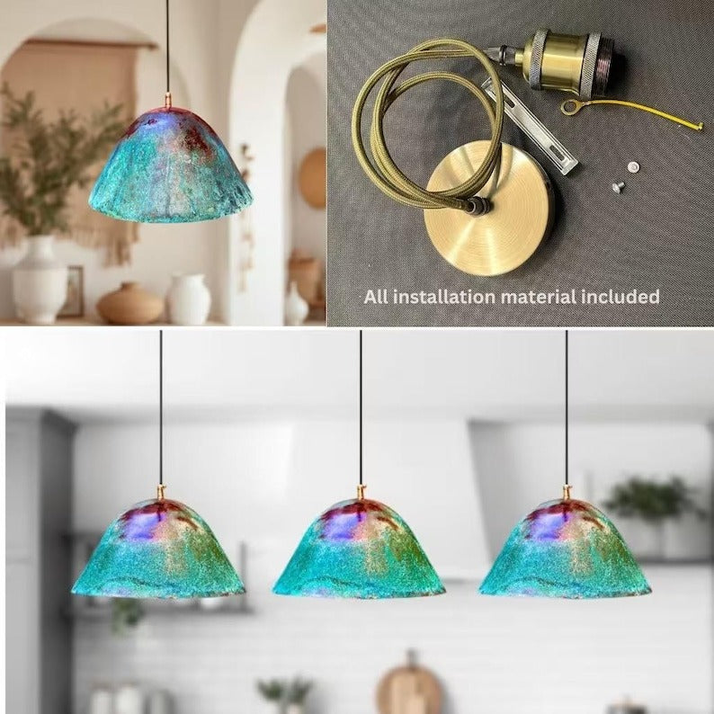 Handmade Moroccan Brass Pendant Light – Turquoise Verdigris Patina Dome Ceiling Lamp, Aged Copper Finish, Rustic Boho Hanging Light Fixture