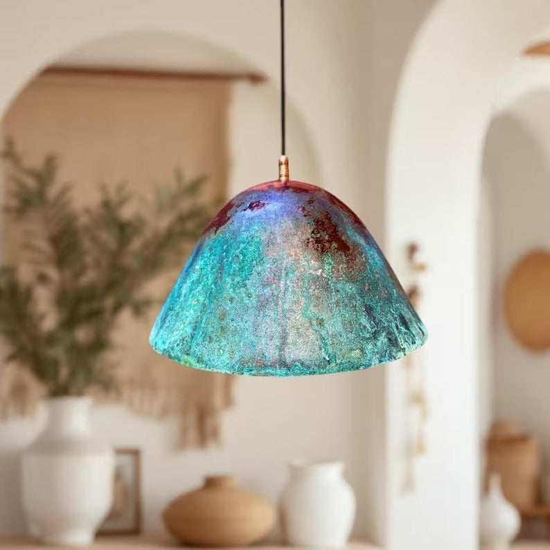 Handmade Moroccan Brass Pendant Light – Turquoise Verdigris Patina Dome Ceiling Lamp, Aged Copper Finish, Rustic Boho Hanging Light Fixture