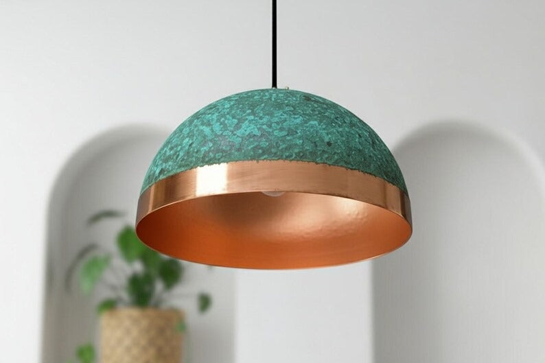 Handmade Moroccan Brass Dome Pendant Light – Turquoise Verdigris Patina Hanging Lamp with Polished Copper Brass Band, Warm Copper Interior Ceiling Light for Kitchen Island, Dining Room & Living Room