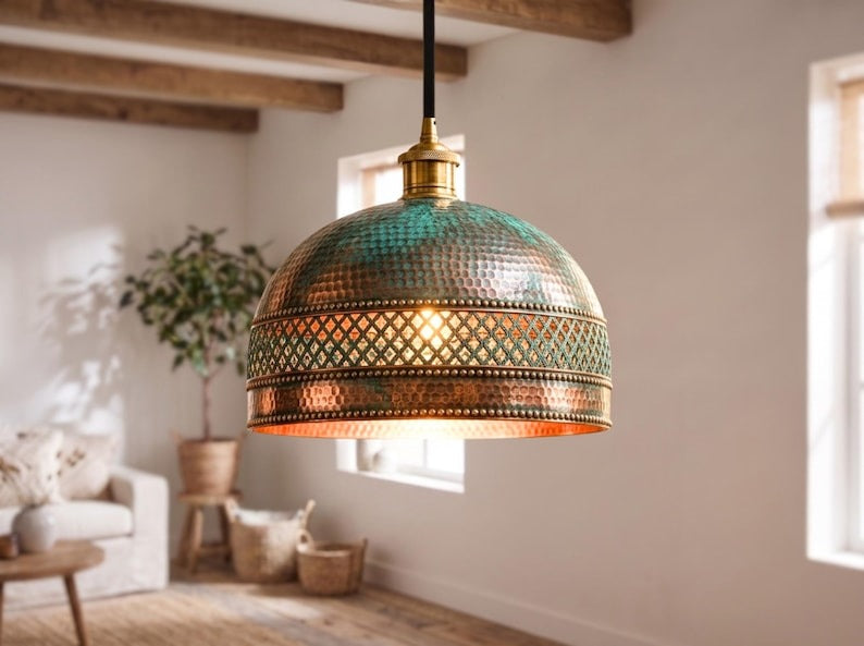 Handmade Moroccan Brass Dome Pendant Light – Hammered Copper and Turquoise Verdigris Hanging Lamp with Diamond Lattice Band, Warm Gold Interior for Kitchen Island, Dining Room & Living Room