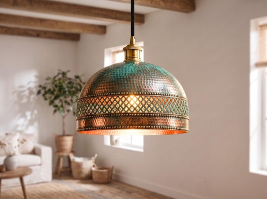 Handmade Moroccan Brass Dome Pendant Light – Hammered Copper and Turquoise Verdigris Hanging Lamp with Diamond Lattice Band, Warm Gold Interior for Kitchen Island, Dining Room & Living Room