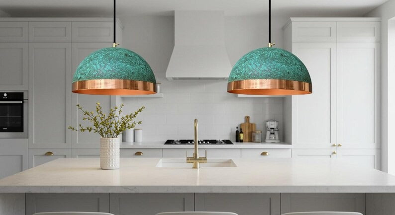 Handmade Moroccan Brass Dome Pendant Light – Turquoise Verdigris Patina Hanging Lamp with Polished Copper Brass Band, Warm Copper Interior Ceiling Light for Kitchen Island, Dining Room & Living Room